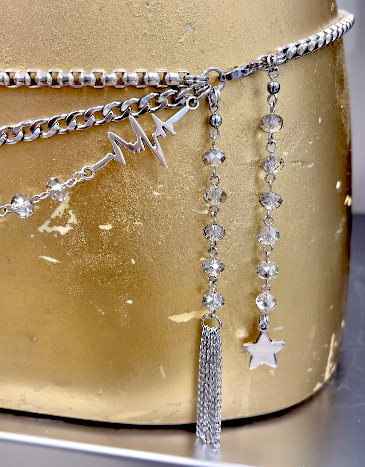 “Heart Beat” 3 Strand Crystal & Chain Belt