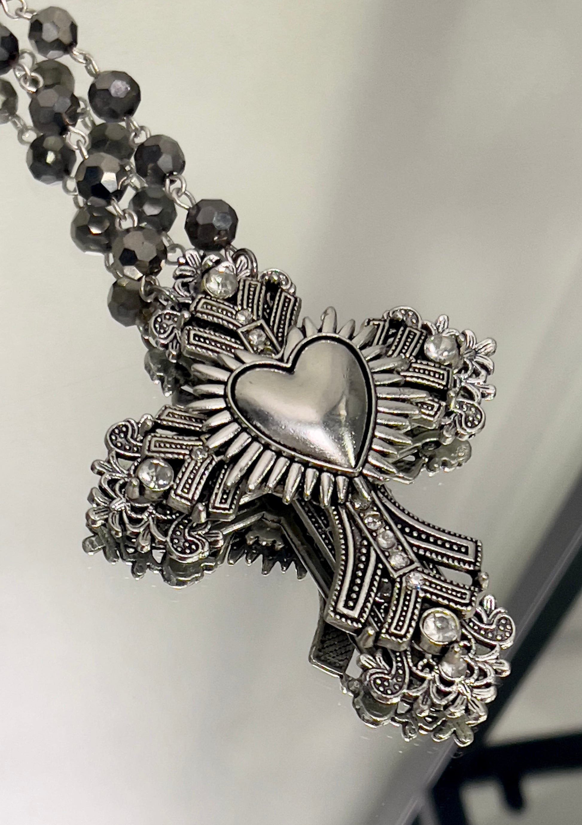 3Dcross with Immaculate Heart center on crystal rosary chain