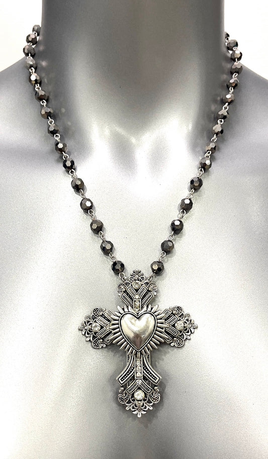 3Dcross with Immaculate Heart center on crystal rosary chain