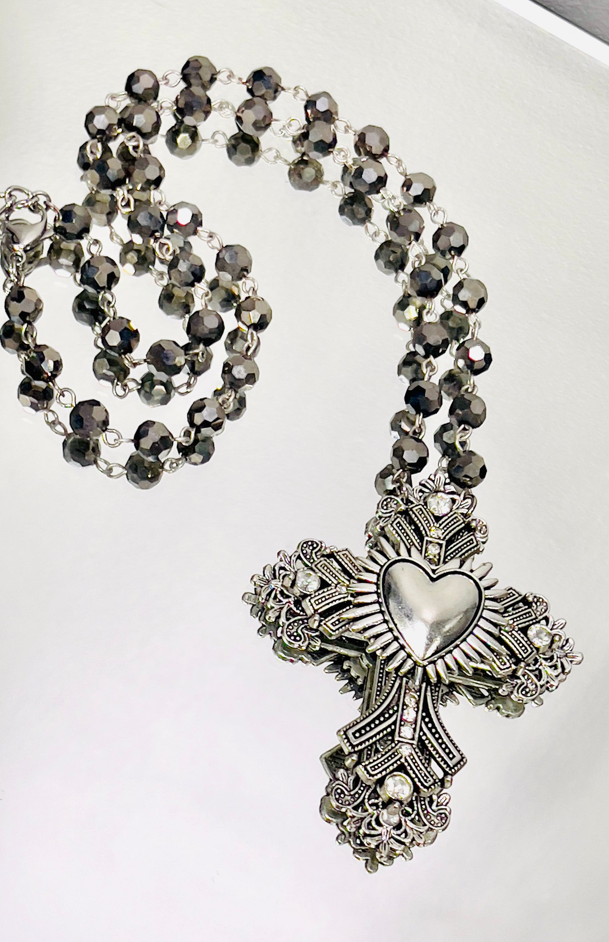 3Dcross with Immaculate Heart center on crystal rosary chain