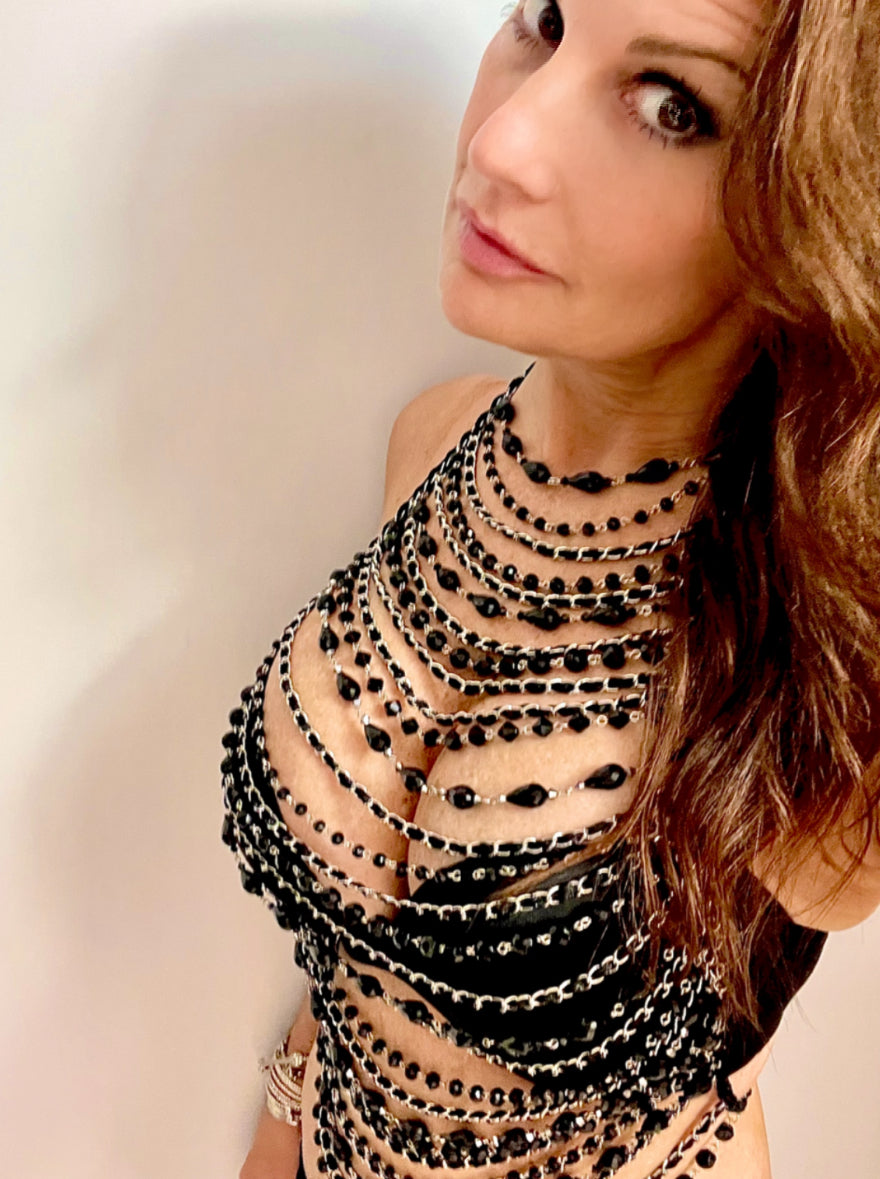 “Black Beauty” Crystal & Chain Halter