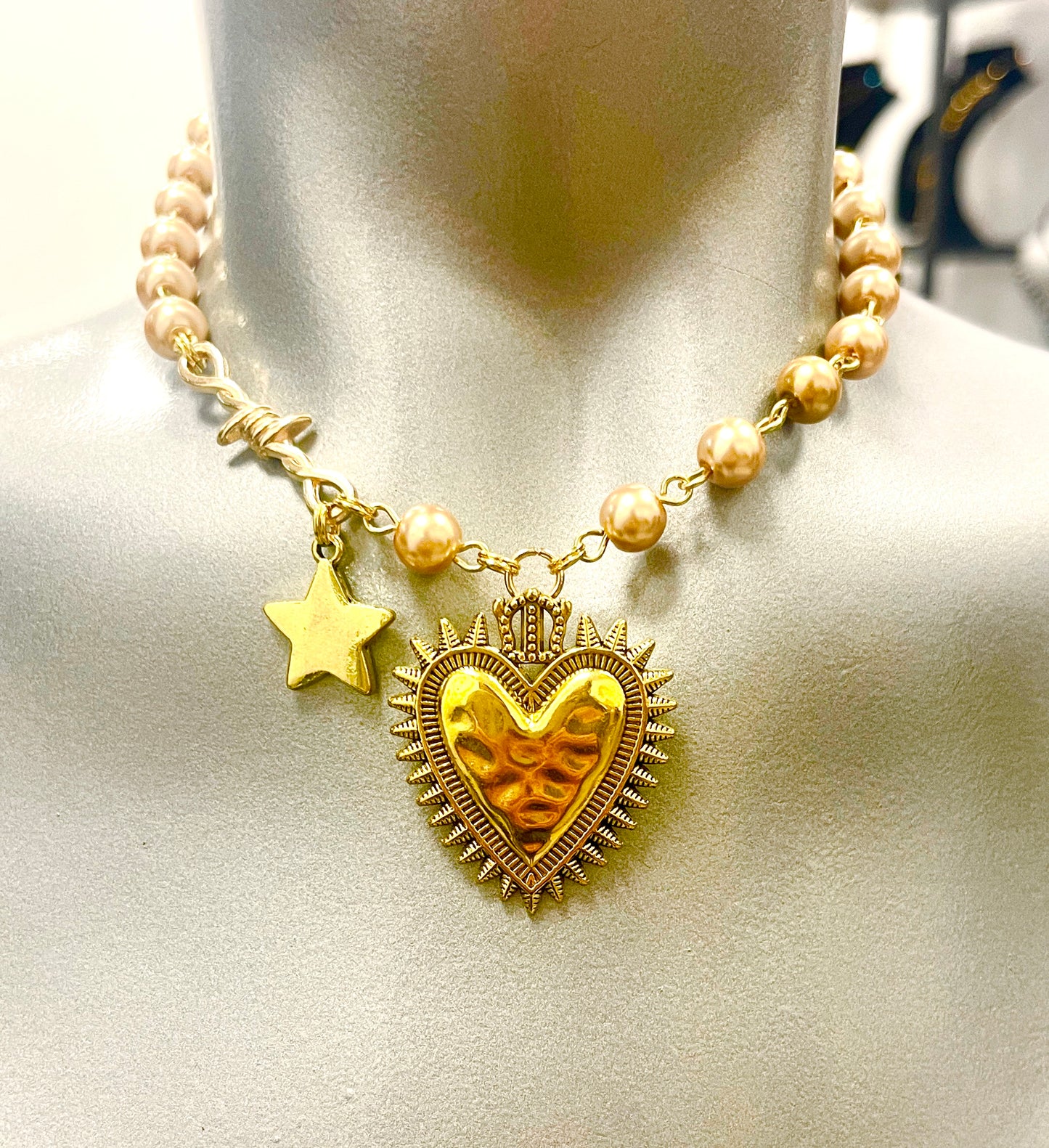 “Barbed Wire” Glass Pearl Heart Necklace