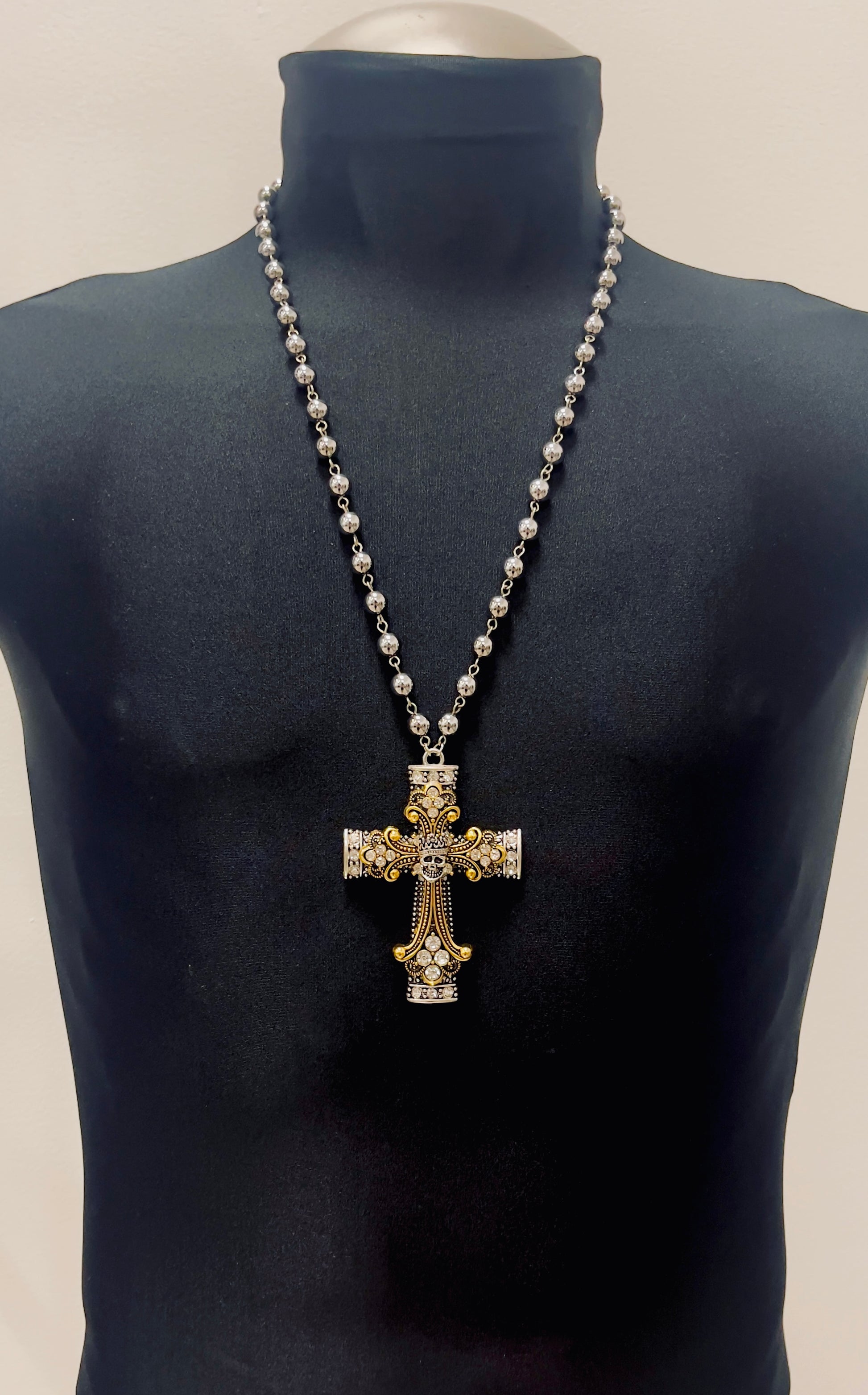 Silver & gold 3Dcross with skull and crown