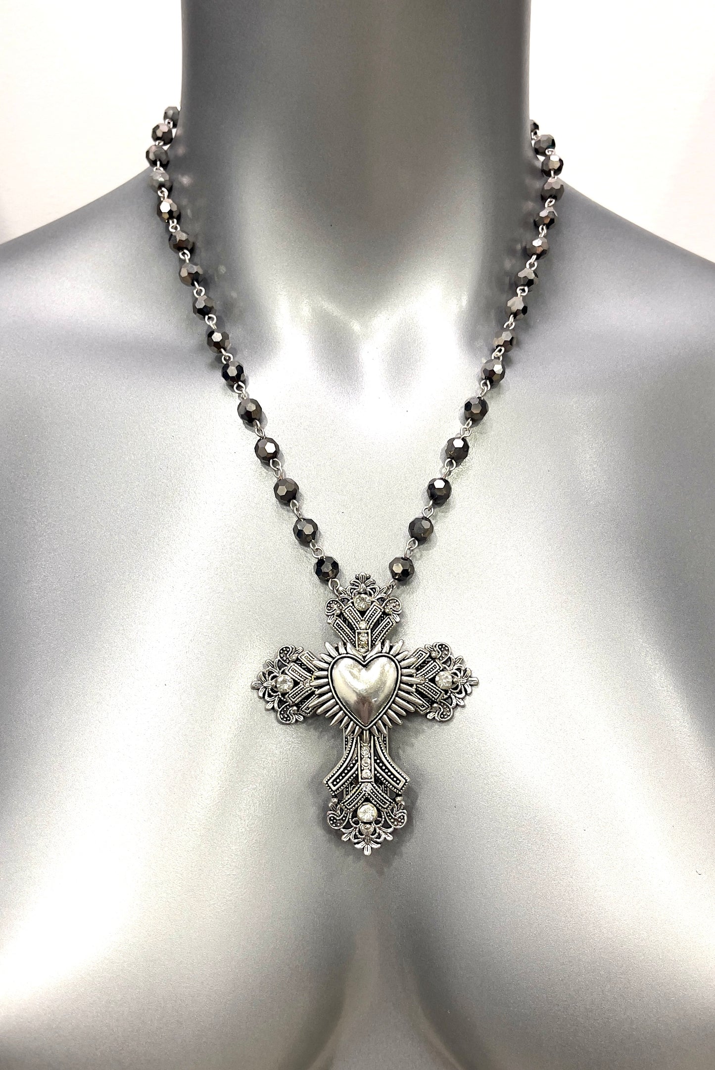 3Dcross with Immaculate Heart center on crystal rosary chain