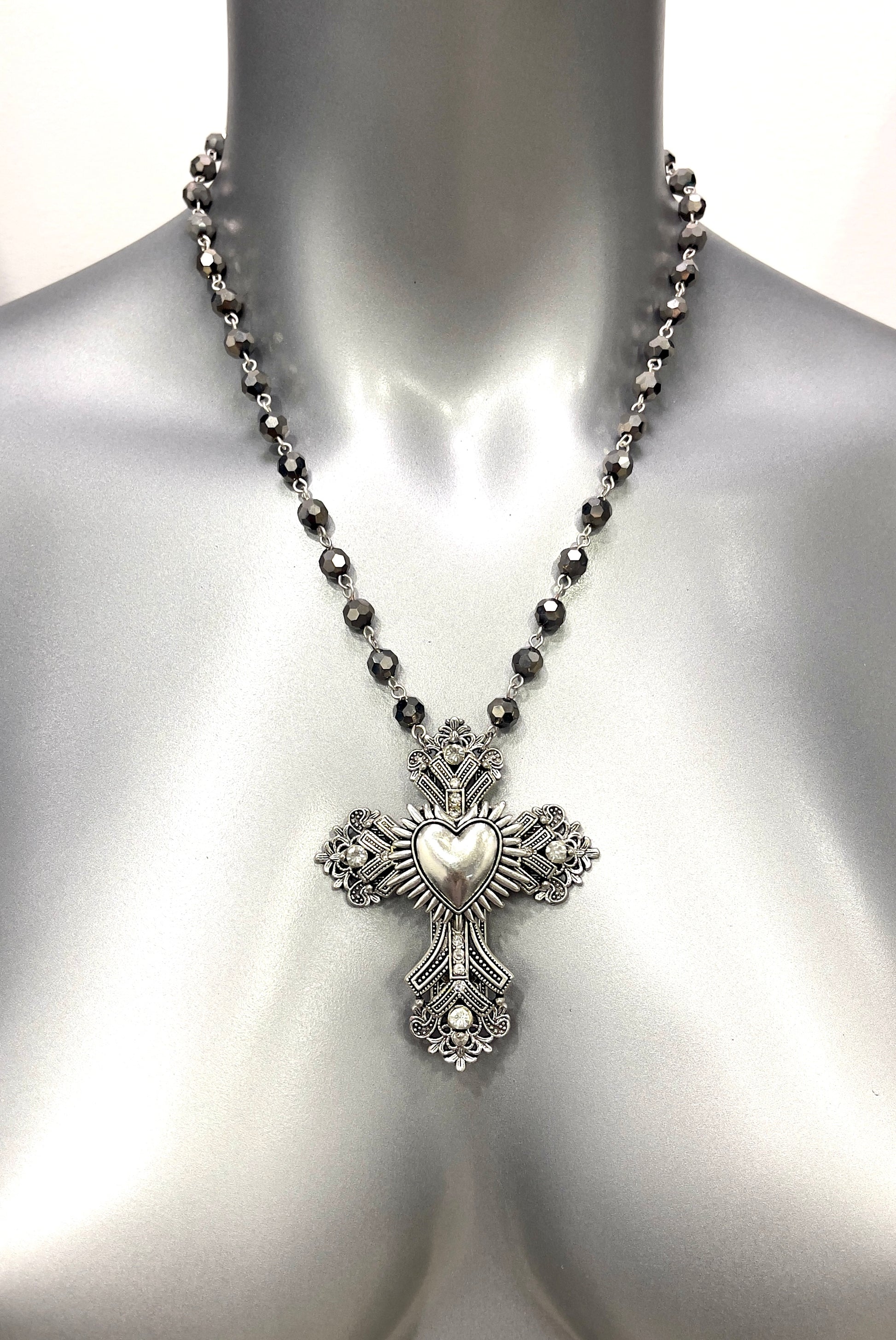 3Dcross with Immaculate Heart center on crystal rosary chain